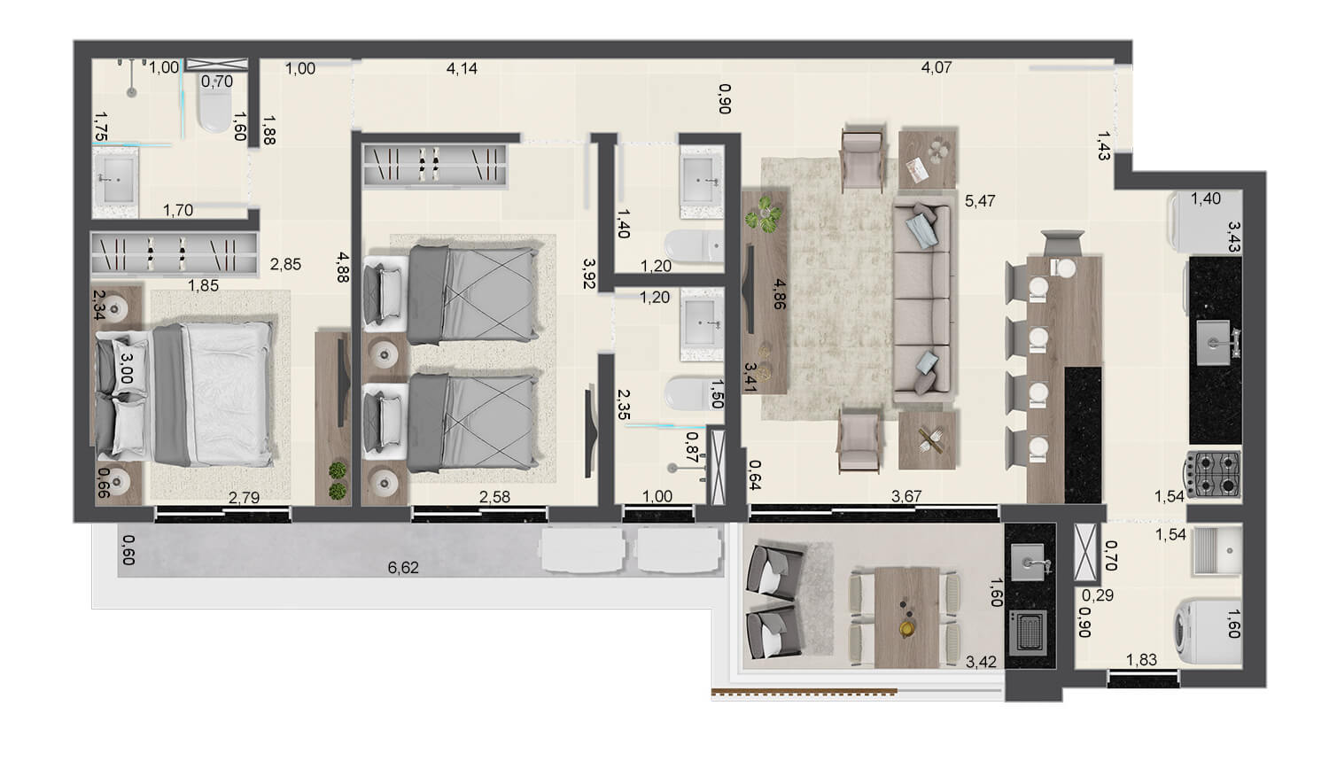 Apartamentos de 2 suítes 73,79m² - Final 04 - Torre C - Aruna Ubatuba