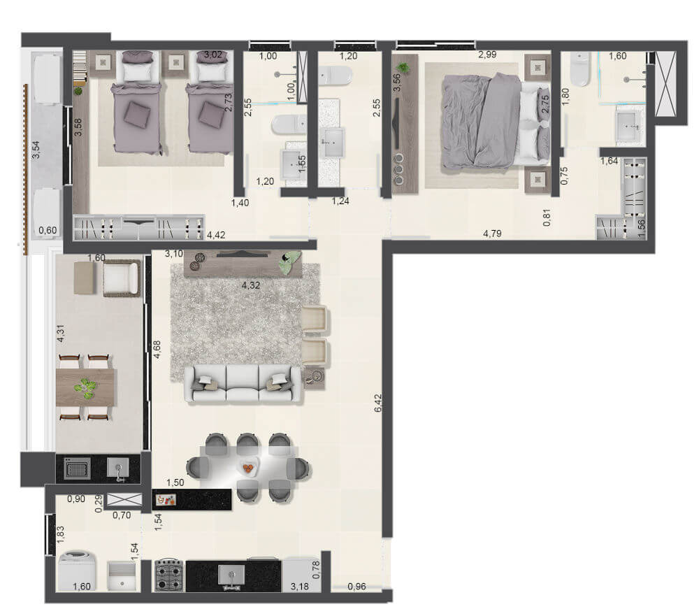 Apartamentos de 2 suítes com 84,91m¹ - Final 03 - Torre B - Aruna-Ubatuba