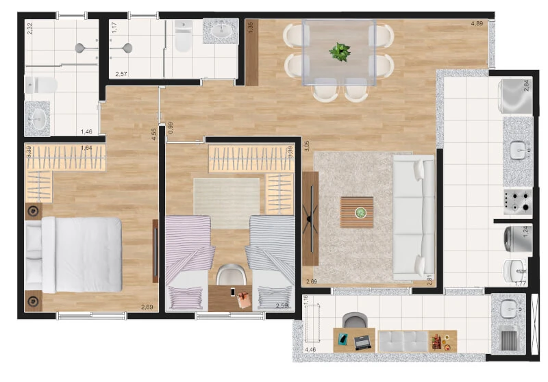 Planta baixa do apartamento de 2 dormitórios 68m² - Torres A e C